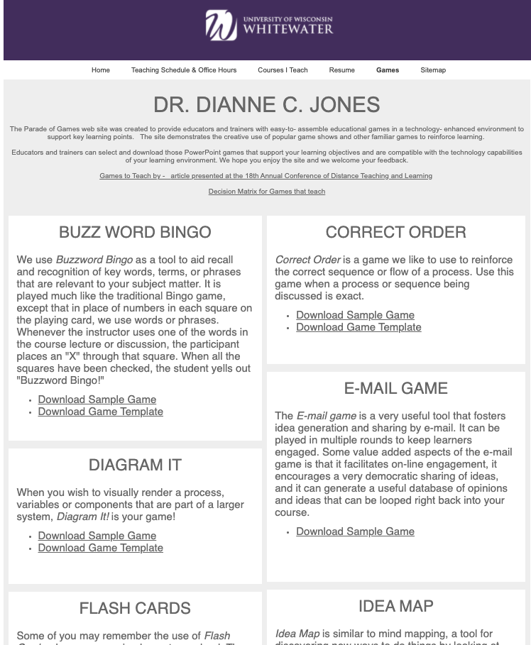 Screenshot of website showing different PowerPoint Games that teach.