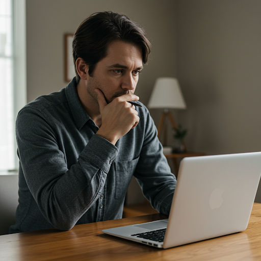 Man thinking about writing an essay on his laptop-Gemini generated
