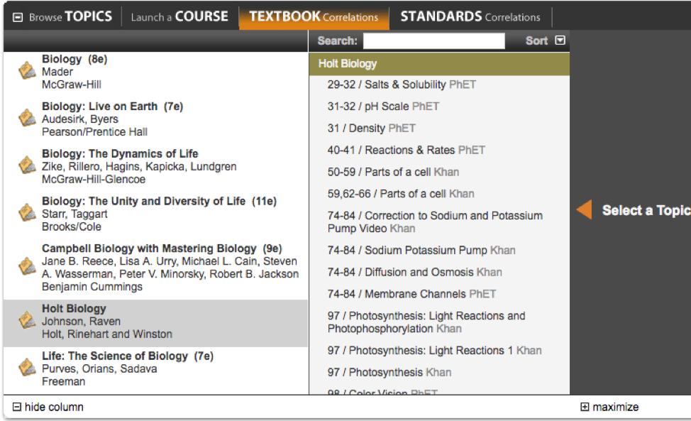 Screenshot of Textbook Correlations with textbook selected and topics that align with pages