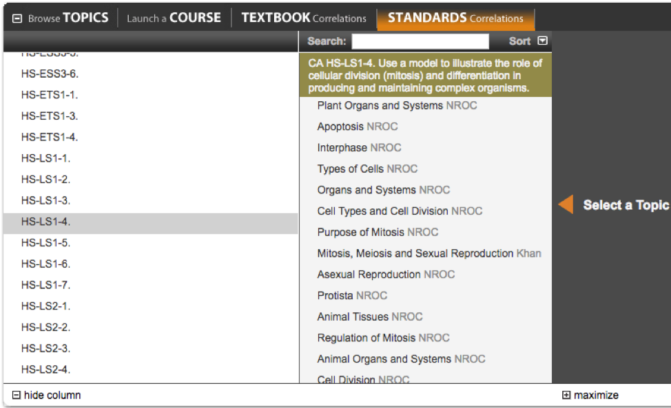 Screenshot of Standard Correlations with standard selected and resources that align with standard