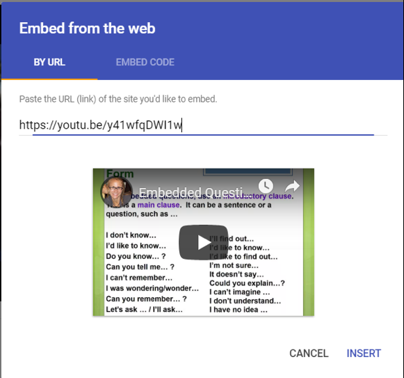Screenshot of Embed from the web window with preview of content