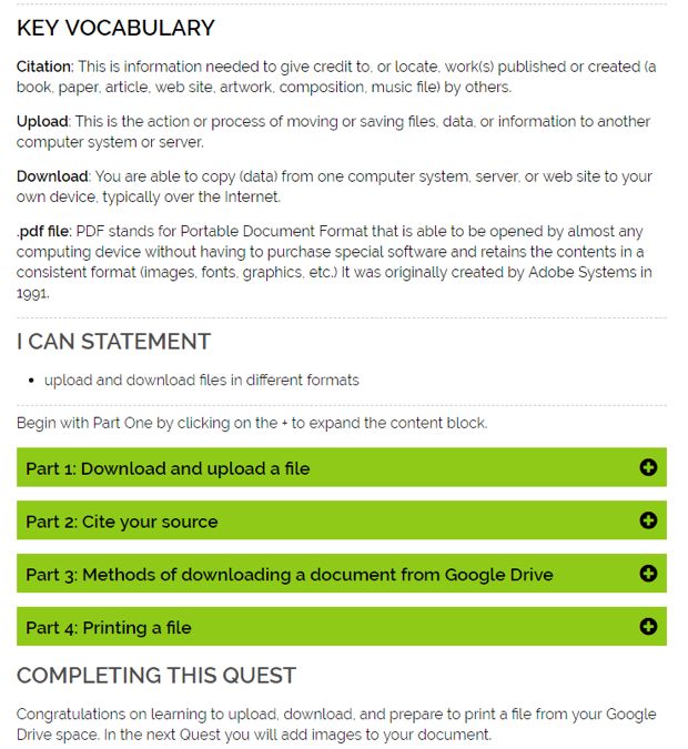 Screenshot of Quest Key Vocabulary, I Can statement, and how to complete the Quest