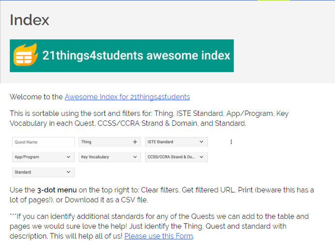 Screenshot of 21Things4Students index to use for searching