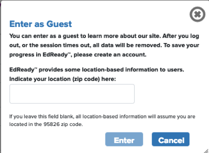 Pop-up window requesting zip code to enter as Guest.