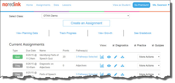 Screenshot of the No Red Ink teacher dashboard