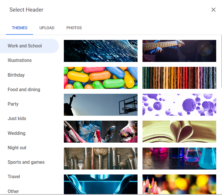 Header theme category choice window. Work and school image choices are displayed. Other categories are illustrations, birthday, food and dining, party, just kids, wedding, night out, sports and games, travel, and other.