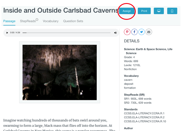 Assign. Shows a passage with the Assign button highlighted with a red circle at the top of the screen.