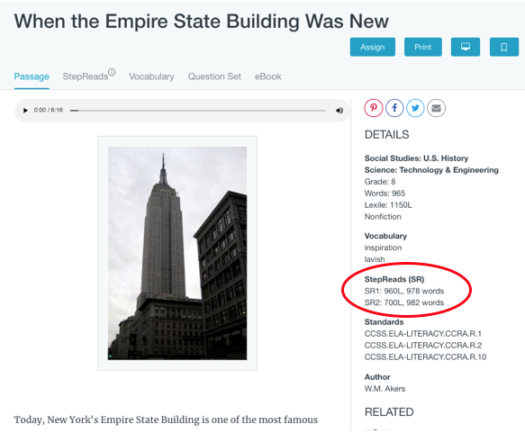 StepReads. Passage is shown and StepReads is highlighted by a red oval on the right-hand side.