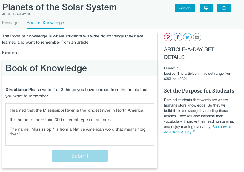 Book of Knowledge. Book of Knowledge is selected and a sample response is given to the directions of please write 2 or 3 things you have learned from the article that you want to remember.