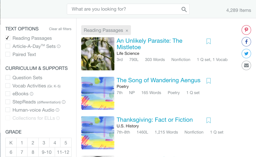 Reading Passage. Reading Passages is selected and three entries are shown.