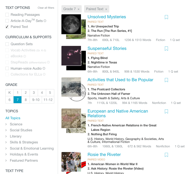 Paired Text. Paired text is selected for Grade 7.