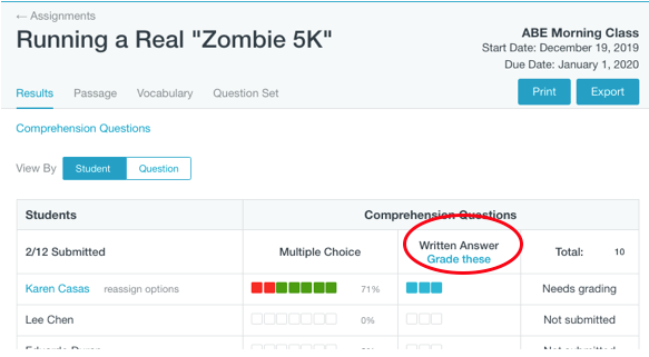 Grades. The class results page is shown for one assignment showing correct and incorrect responses to the Multiple Choice questions by student. Written Answer, Grade these is highlighted by a red oval.
