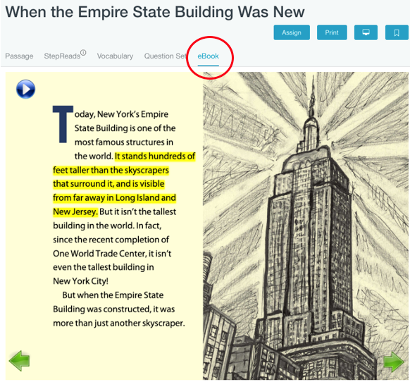 eBook. eBook is shown and the eBook tab is highlighted with a red circle. Page has both text and graph. One sentence is highlighted in yellow.