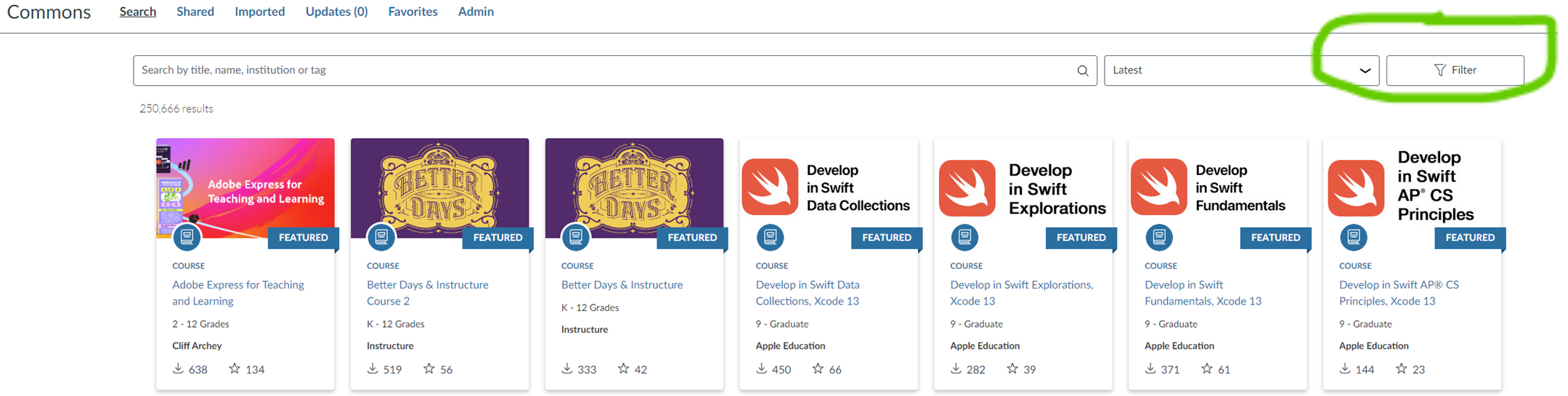 Screenshot of Canvas Commons with the Filter button circled.