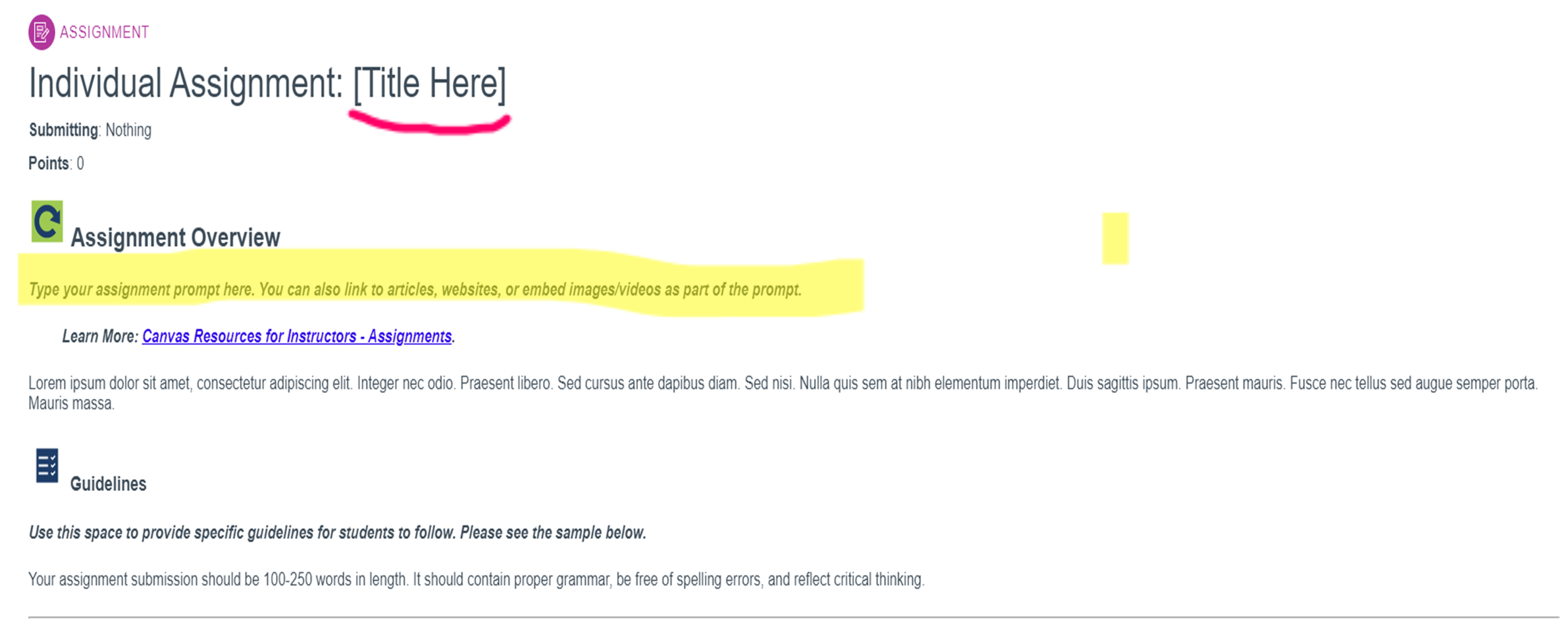 Screenshot of Assignment with [Title Here] underlined and Assignment Overview highlighted.