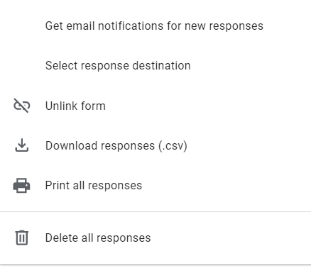 Three dots menu window showing Get email notifications for new responses, Select response destination, Unlink form, Download responses (.csv), Print all responses, and Delete all responses.