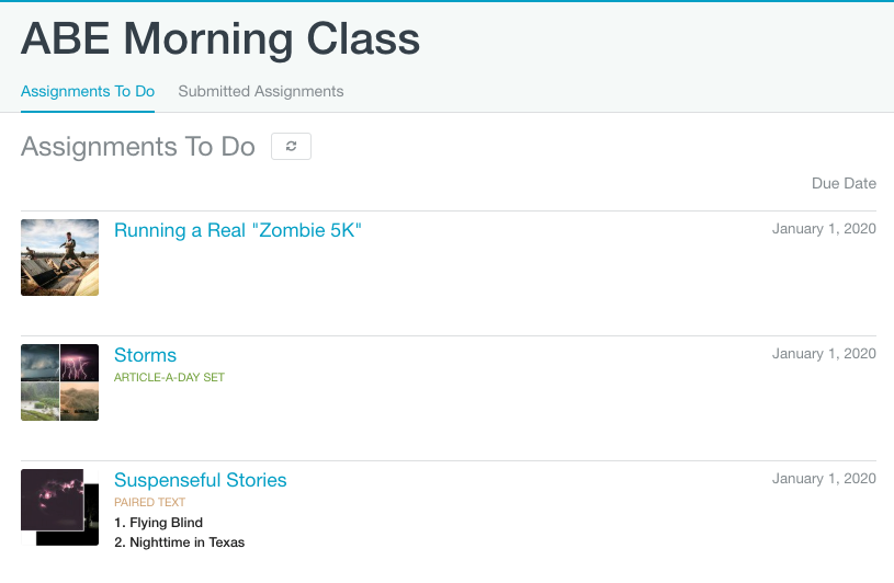 Assignment to Do. Shows the student view of Assignments To Do.