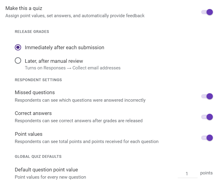 Screenshot with 'Make this a quiz' activated. Release Grades options for immediately after submission or after manual review are shown. Also missed questions, correct answers, and point values are on. Default question point value shows 1 point.