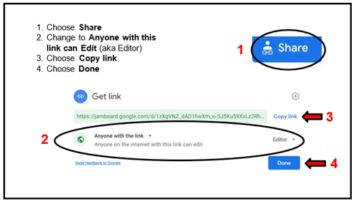 1. Choose Share. 2. Change to Anyone with this link can edit (aka Editor). 3. Choose Copy link. 4. Choose Done.