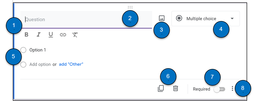 Visual of where to add question, answers, and other options when building form. Numbers 1 to 8 by key features.