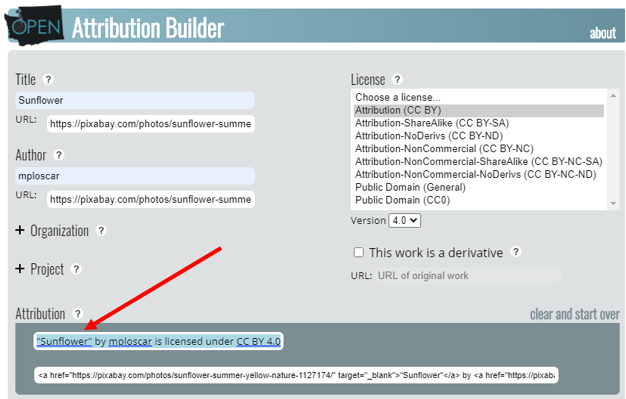 Screenshot of Open Attribution Builder: Attribution Text
