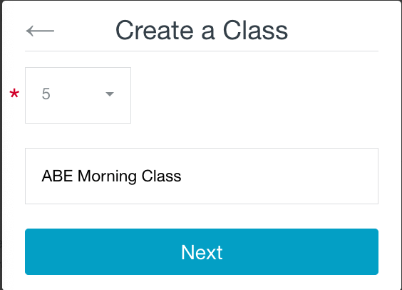 Shows the selected grade level, the name of the class, and Next