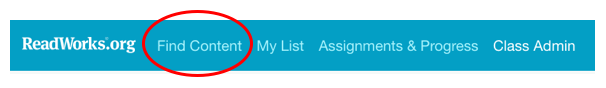Find Content. The top of the homepage screen is shown and Find Content is highlighted with a red oval.